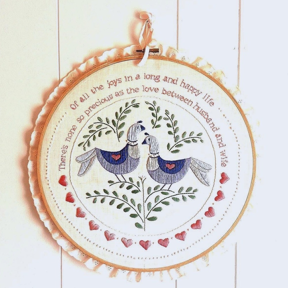 Vintage Hand Embroidered Lovebirds Marriage Quote Hoop Art Lace Trim Pink Blue